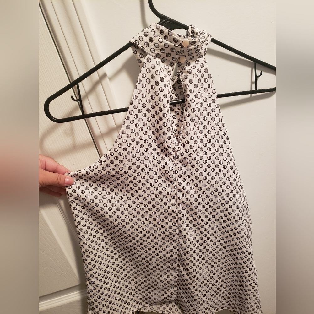 Ann Taylor Factory  White with black and white striped dots blouse - Picture 2 of 6